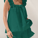 Casual Washed Cotton Ruffled Square Neck Top and Shorts Set