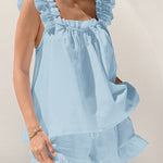 Casual Washed Cotton Ruffled Square Neck Top and Shorts Set