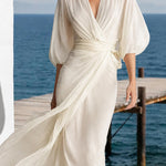 Flowy Layered Lantern Sleeves Midi Dress