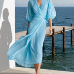 Flowy Layered Lantern Sleeves Midi Dress