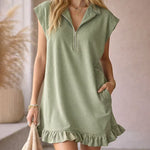 Cute Casual Double Pocket Ruffle Hem Sleeveless Dress