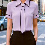 Elegant Contrast Trim Tie Long Sleeve Blouse