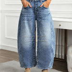 Casual Wide-Leg Washed Cotton-Blend Barrel Jeans