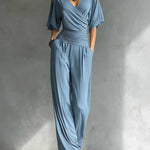 Cold Shoulder Wrap V Neck Wide Leg Jumpsuit