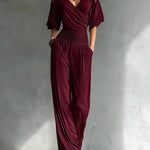 Cold Shoulder Wrap V Neck Wide Leg Jumpsuit