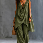 Casual Sleeveless V-Neck Draped Top And Wide Leg Pants Set