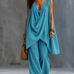 Casual Sleeveless V-Neck Draped Top And Wide Leg Pants Set