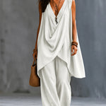 Casual Sleeveless V-Neck Draped Top And Wide Leg Pants Set