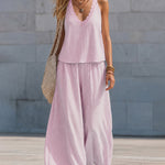 Casual Plaid Sleeveless Top and Wide-Leg Pants Set