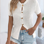 Summer Breathable Button Up Short Sleeve Knit Blouse