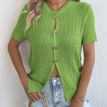 Summer Breathable Button Up Short Sleeve Knit Blouse