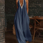 Boho Halter Deep V Wide Leg Lace Trim Jumpsuit
