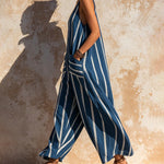 Summer Loose Fit Sleeveless Striped Wide Leg Jumpsuit
