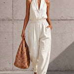 Casual Elastic Waist Halter Neck Wide-Leg Jumpsuit