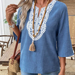 Bohemian Lace Patchwork Cotton Blend 3/4 Sleeve Top