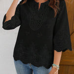 Bohemian Eyelet Embroidery Cotton Blend 3/4 Sleeve Top
