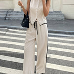 Elegant Casual Contrast Trim Vest and Pants Set