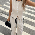 Elegant Casual Contrast Trim Vest and Pants Set