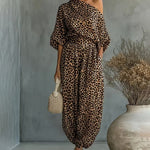 Elegant Leopard Print One-Shoulder Top and Harem Pants Set