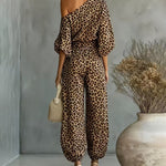 Elegant Leopard Print One-Shoulder Top and Harem Pants Set