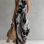 Retro Elegant Ink Wash Print Halter Neck Jumpsuit