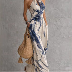 Retro Elegant Ink Wash Print Halter Neck Jumpsuit