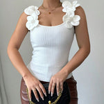 Elegant Sleeveless 3D Floral Ribbed Knit Tank Top