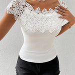 Elegant Lace Patchwork Off-Shoulder Fitted Top