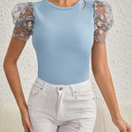 Cute Floral Puff Sleeves Bodycon Top