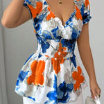 Stylish Ruffled Trim Watercolor Floral Print Chiffon Top