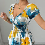 Stylish Ruffled Trim Watercolor Floral Print Chiffon Top