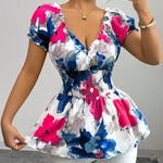 Stylish Ruffled Trim Watercolor Floral Print Chiffon Top