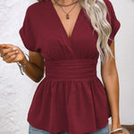 Chic Deep V-neck Short Sleeves Ruffled Hem Blouse