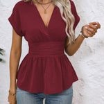 Chic Deep V-neck Short Sleeves Ruffled Hem Blouse