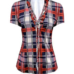 Classic Plaid Lace-Up Short Sleeve Blouse