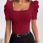 Square Neck Puff Sleeve Textured Knit Blouse