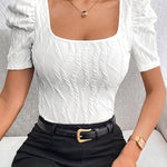 Square Neck Puff Sleeve Textured Knit Blouse