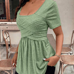 Square Neck Crossover Ruched Peplum Top