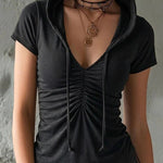 Soft Cotton-Blend Ruched Solid Color Hooded Top
