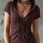 Soft Cotton-Blend Ruched Solid Color Hooded Top