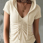Soft Cotton-Blend Ruched Solid Color Hooded Top