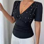 Elegant Fitted Pearl Decor V-Neck Blouse