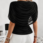 Elegant Ruched Cowl Neck Mesh Drape Top