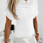 Elegant Ruched Cowl Neck Mesh Drape Top