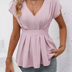 Summer Elegant Cap Sleeve Fold Pleated Detail Blouse