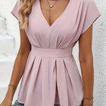 Summer Elegant Cap Sleeve Fold Pleated Detail Blouse