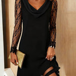 Chic Cowl Neck Lace Sleeve Cocktail Dress