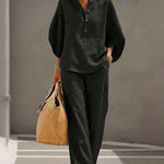 Summer Casual Print Linen Blend Blouse Pants Set