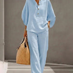 Summer Casual Print Linen Blend Blouse Pants Set