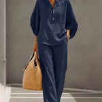Summer Casual Print Linen Blend Blouse Pants Set